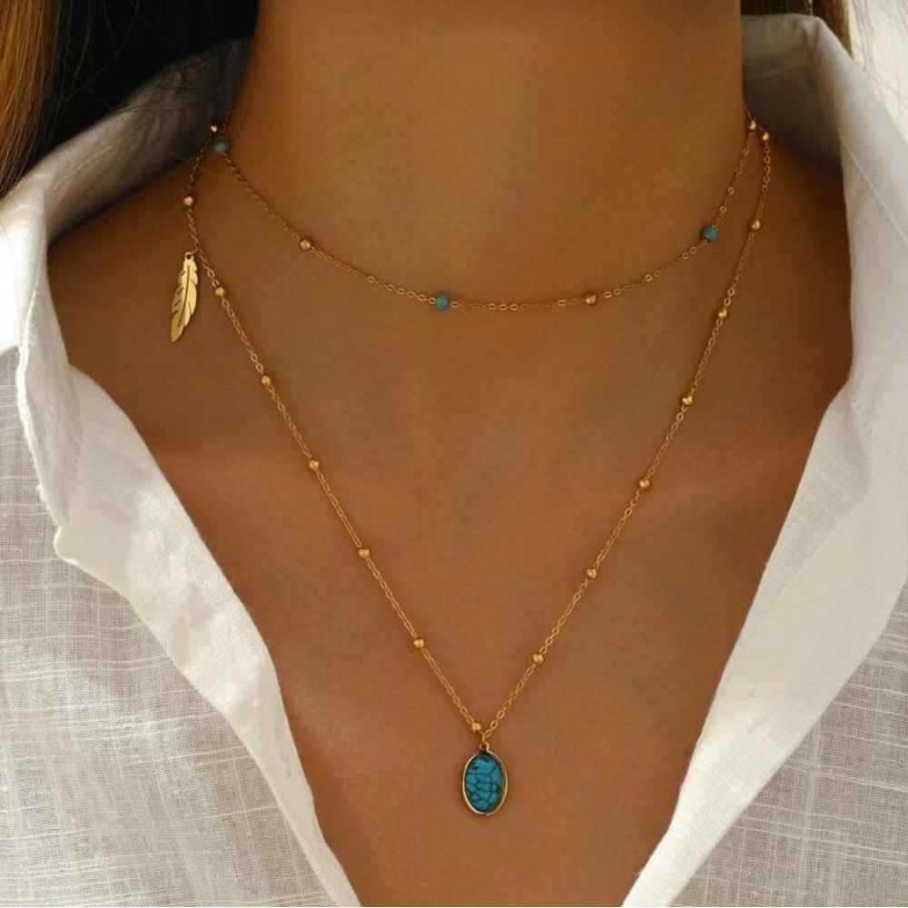 18k Gold Plated and Turquoise Layered Necklace Set